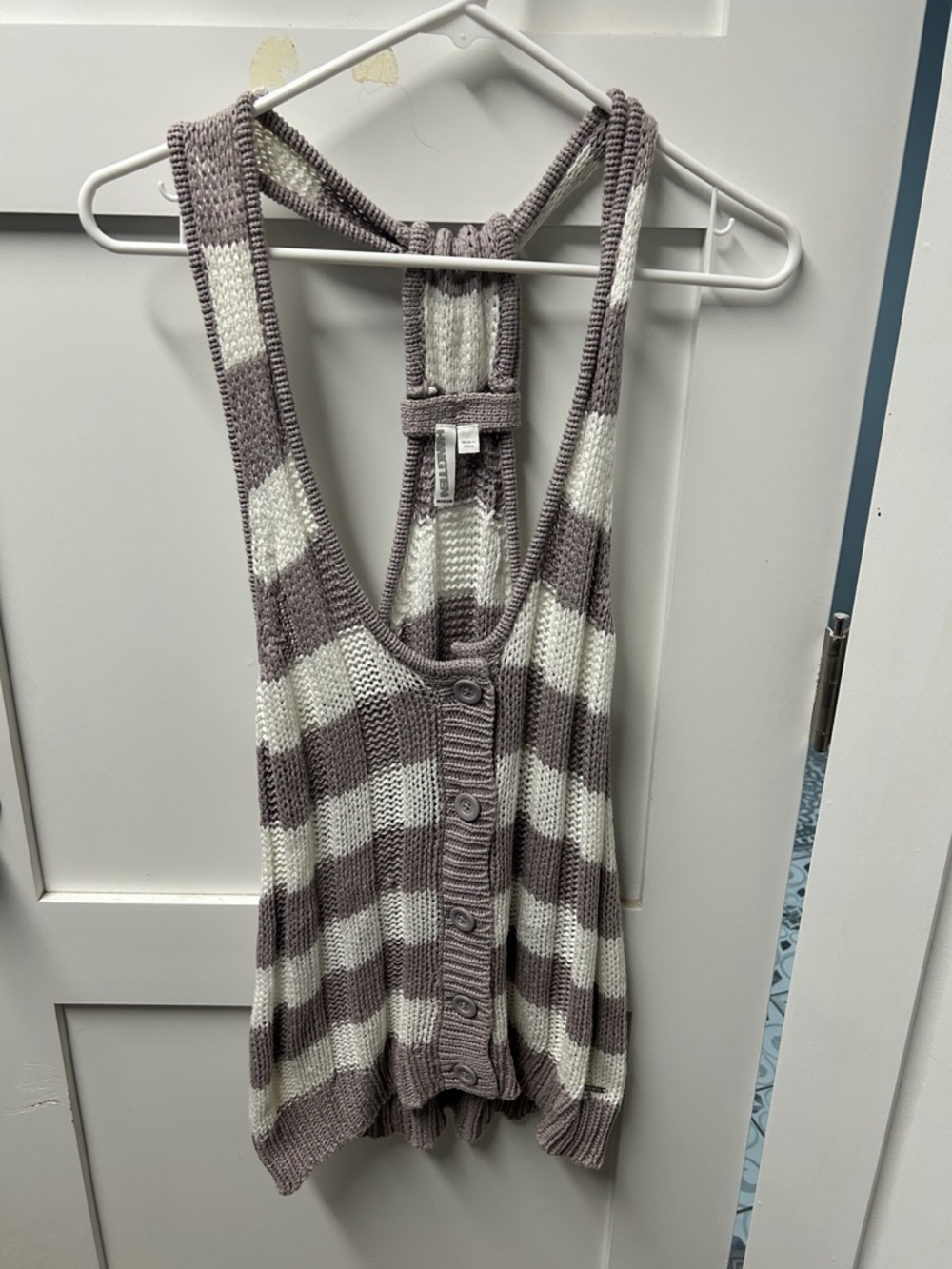 Striped Button-Front Knit Tank Top in Taupe & Cream